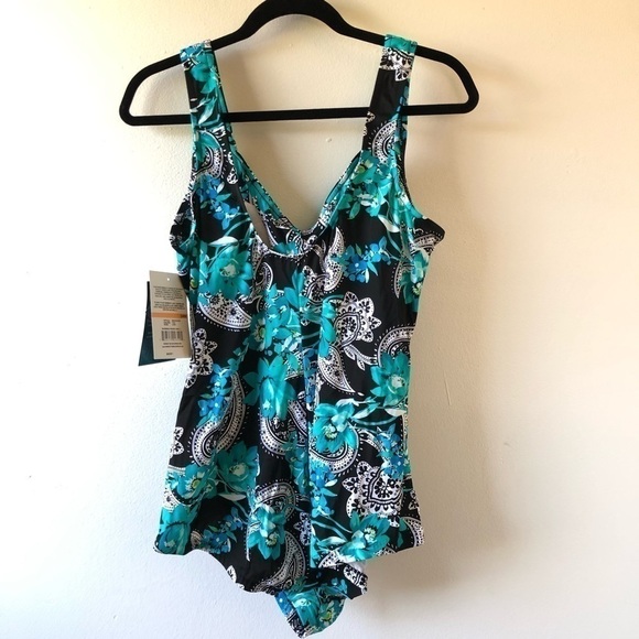 Manhattan Beachwear Plus Black Turquoise One Piece 24W - Picture 2 of 8